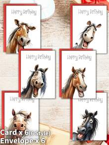 12 张趣味生日贺卡套装，趣味马脸，卡通马角色，6 张手工贺卡，趣味生日贺卡多件装，学校用品，返校季 - 均碼 - 查看 9