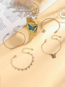 5pcs/Set Teenage Cute Butterfly Pattern Dial Delicate Strap Quartz Watch + Butterfly Rhinestone Bracelet Set, Suitable For Birthday, Graduation Gift, Daily Wear (No Box) - Gold - View 4