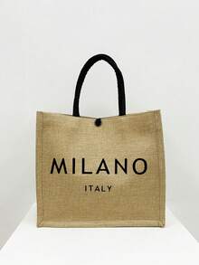 2 件/套亚麻手提袋，包括一个米兰字母印花手提袋和一个印花小包，字母，花朵，个性化礼品包装，黄色亚麻黑色手提袋配黑色扣，小包和大包组合，适合婚礼，生日，海滩，假期，是送给女性，母亲，老师，朋友，伴娘，大包，学生和返校的完美礼物 - 卡其色 - 查看 4