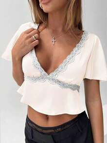 Women Lace Patchwork Short Sleeve Shirts Summer Deep V Neck Satin Silk Crop Tops Elegant Aesthetic Ruffle Hem Pullovers Blouse - 香檳色 - 查看 1