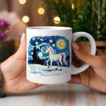 White Ceramic Mug With Starry Night Unicorn Print For Coffee Or Tea - White - View 1