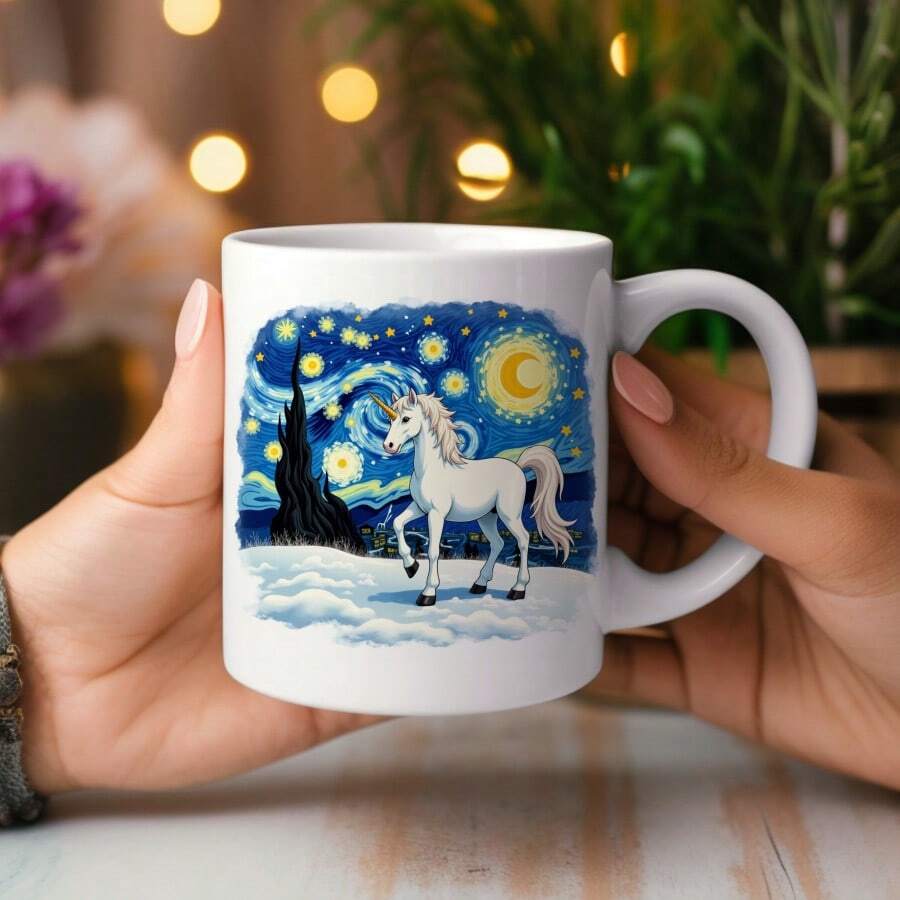 White Ceramic Mug With Starry Night Unicorn Print For Coffee Or Tea - White - View 1