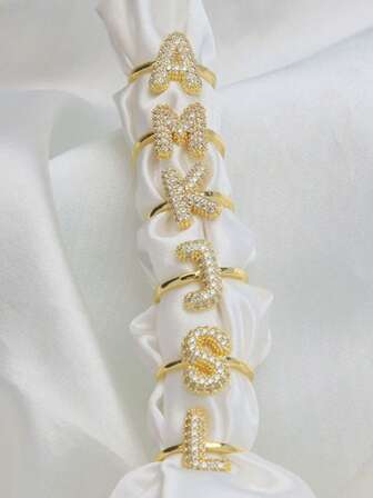 泡泡可爱26字母戒指女款气球镀金锆石A-Z字母开口可调节戒指美观婚礼珠宝礼物