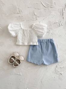 2pcs/Set Newborn Baby Girl White Princess Super Short Puff Sleeve T-Shirt + Floral Embroidery Shorts, Summer