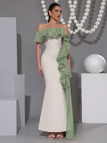 Modphy Nuevo vestido largo ajustado de mujer sexy con volantes, elegante para bodas, celebraciones y fiestas - verde menta - Ver 2