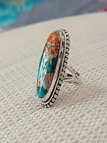 Anillo de estilo vintage con turquesa sintética hermosa, anillo de moda perfecto para aniversarios y fiestas de cumpleaños (patrón aleatorio de turquesa)
