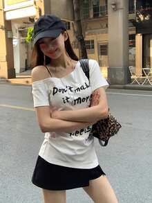 修身性感不对称肩部白色上衣T恤 - 白色 - 查看 7