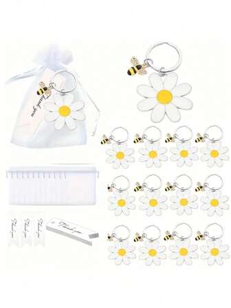 36pcs Bee & Sunflower Keychain Gift Set - Charming Stainless Steel Charms With White Organza Bags And Thank You Tags, Ideal For Moms, Friends, Sisters, Coworkers - Suitable For All Seasons, Bee Decor