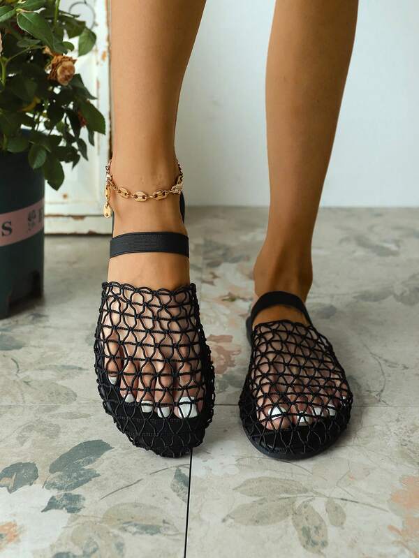 Women's Flat Sandals Hollow Out, 2025 New Summer Mesh Beach Vacation Non-Slip Slip-On Slippers In Black & Apricot, Fashionable Elegant Luxurious Music Festival Punk Chic Wild Sexy Ladies Shoes, Plus Size