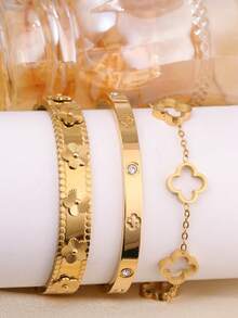 3 件/1 件时尚奢华四叶草锆石镶嵌不锈钢手镯，适合日常佩戴 - 金黃色 - 查看 10