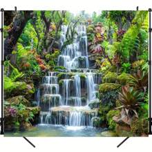 1pc, Fabric Garden Waterfall Background Mountain Rock Flowing Water Lake River Green Forest Trees Natural Background Home Wall Decoration Photography Studio Props