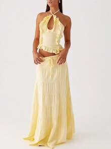 Women Maxi Skirt Set Y2k Ruffle Tie Back Sleeveless Backless Halter Top Long Skirt Summer 2 Piece Outfits - Yellow - View 2