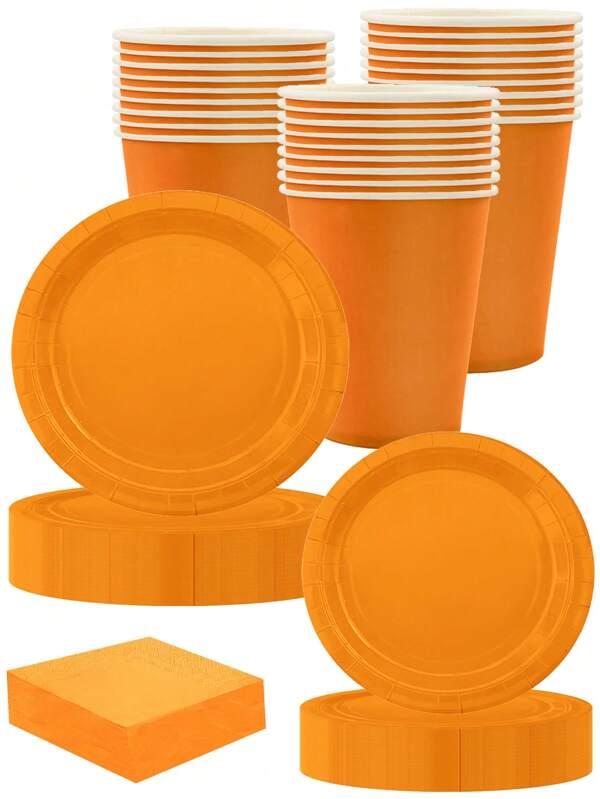 10PCS Orange Party Set Disposable Paper Tray, 7 "/9" Plate, 9OZ Paper Cup, Napkin, 10 Person Disposable Party Set Wedding Birthday Party,Family Picnic