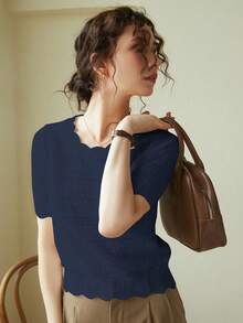 Knit Mix 优雅女士衬衫，独特蕾丝边饰圆领镂空短袖修身T恤，适合娇小身材，纯色，休闲/工作皆宜，春夏上衣，柔和复古奶油色，返校春夏装，也适合圣诞节、感恩节和新年等休闲场合。 - 深藍色 - 查看 6