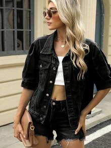 Women Denim Jacket, Short Sleeve Turn-Down Collar Button Closure Solid Casual Jacket Streetwear - 深灰色 - 查看 1