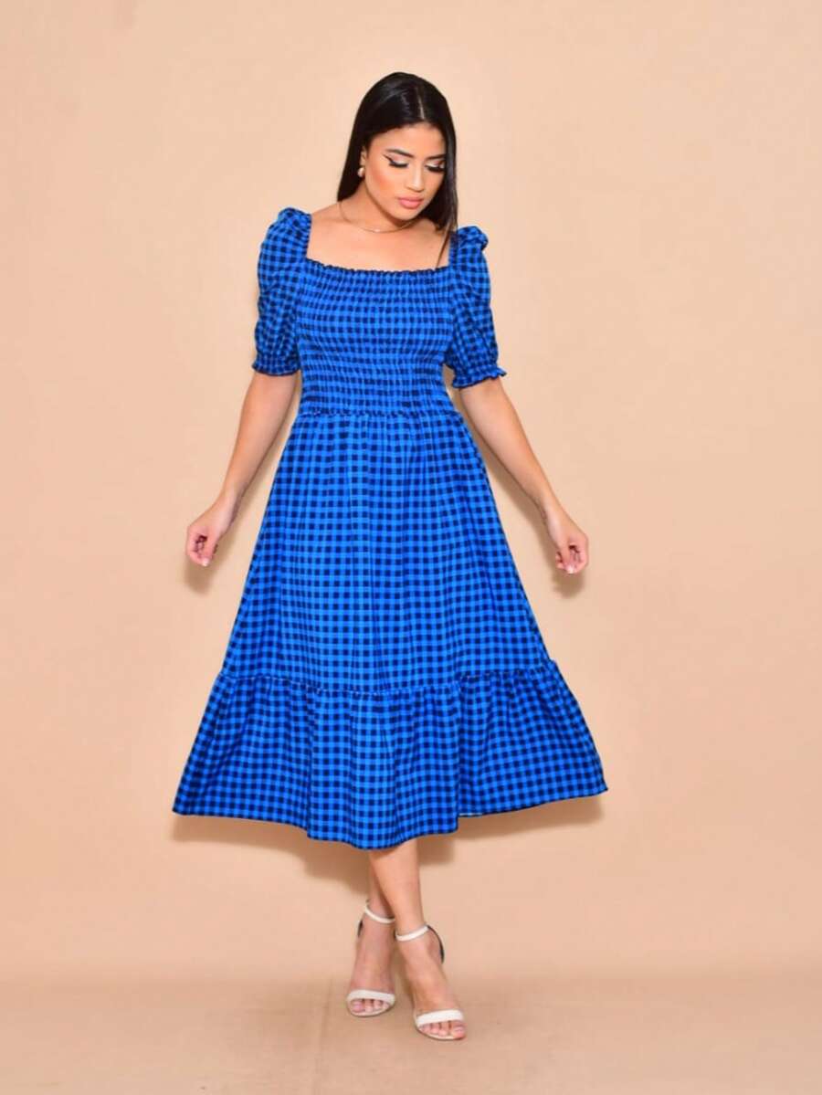 Helena Plaid Crepe Midi Dress With Short Sleeves - azul real - Ver 1