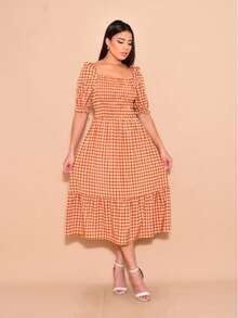 Helena Plaid Crepe Midi Dress With Short Sleeves - Camel - View 1