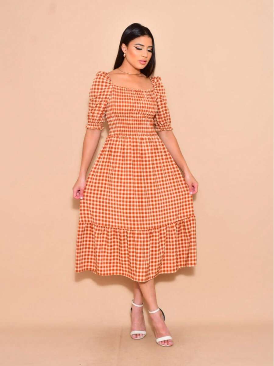 Helena Plaid Crepe Midi Dress With Short Sleeves - Camel - View 1
