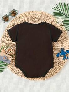 [Customized] Personalized Name Print Baby Bodysuit, Cute Casual Outfit, Suitable For Girls & Boys, Black Crew Neck, Seasonal Wear, Fashion & Leisure - Black - View 2