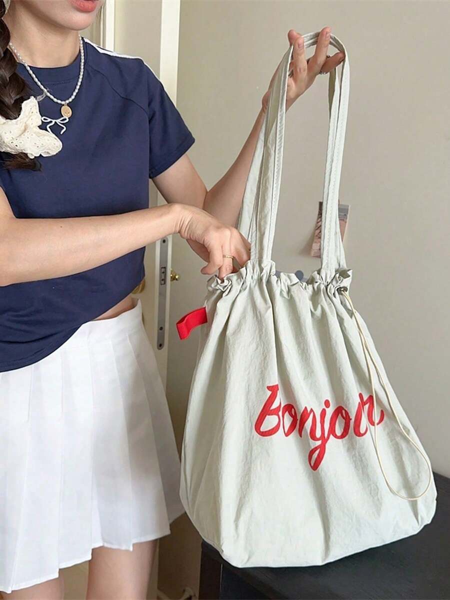 Korean Style New Arrival Letter Print Casual Drawstring Closure Fashion Student Shoulder Bag - Grey - View 1
