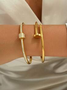 1 Stück/2 Stück Set mit goldenem Armband, mit einem modischen und luxuriösen diamantbesetzten Armband und einem stilsicheren und eleganten Nagelarmreifen aus Titanstahl, spiegelpoliert, vakuumbeschichtet, nicht leicht verblassend, modischer Klassiker-Stil, geeignet für den täglichen Gebrauch