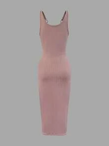 Vestido de tirantes finos con diseño de botones y bajo dividido de unicolor, elegante rosa para primavera/verano - Rosa - Ver 8