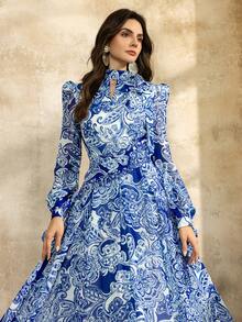 Faeriesty 印花优雅雪纺印花 A 字裙，搭配系带细节领和灯笼袖领带 | 适合休闲星期五或正式活动的夏季派对礼服 - 藍色 - 查看 7