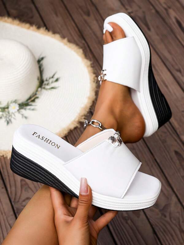 Women Elegant Wedge Sandals, New Summer Fashion Versatile Square Toe Thick Sole Casual Outdoor Beach Slippers, Black & White
