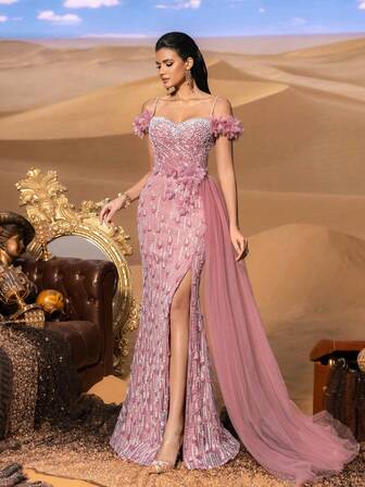 Faeriesty Haute Glamour Gorgeous Off-Shoulder Beaded Pearl Evening Gown With Side Draping & High Slit, Elegant Embellished Dress For Women | Gala, Wedding Guest, Red Carpet, Formal Party, Evening Soiree