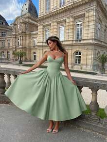 Vestido casual y elegante de verano/primavera con unicolor, pliegues en la espalda y lazo