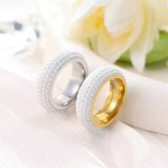 1 pieza Anillo de acero inoxidable con 5 filas de perlas curvadas de cerámica, versátil para parejas para uso diario y festivales, anillo de regalo