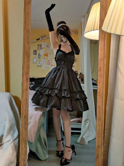 1pc Lovely Charming Solid Retro Elegant Satin Lolita Strapless Halter Shoulder-Exposing Dress, Suitable For Lolita Cosplay Or Casual Daily Wear Halloween