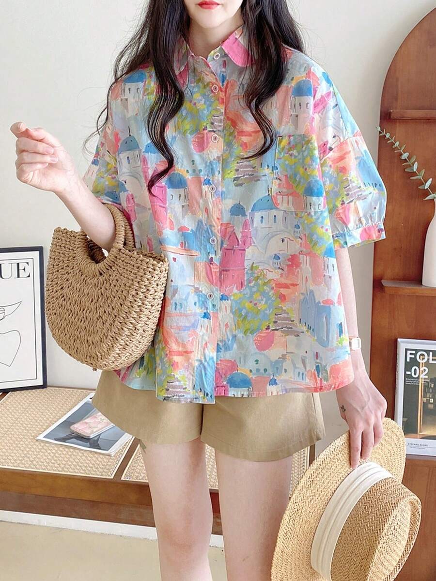 YUXIN 春夏熱銷女款彩色城堡印花短袖襯衫，寬鬆翻領，日常度假穿搭，多色可搭紅色