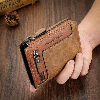 1件新款复古多功能拉链钱包时尚休闲青年学生卡包男士钱包礼物真皮小钱包迷你钱包钱包可爱钱包小钱包