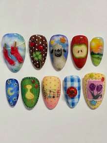 Set de 24 uñas postizas con diseños de cordero y dibujos animados estilo Y2K, con 1 pieza de pegamento de gel y 1 pieza de lima de uñas