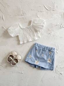 2pcs/Set Newborn Baby Girl White Princess Super Short Puff Sleeve T-Shirt + Floral Embroidery Shorts, Summer