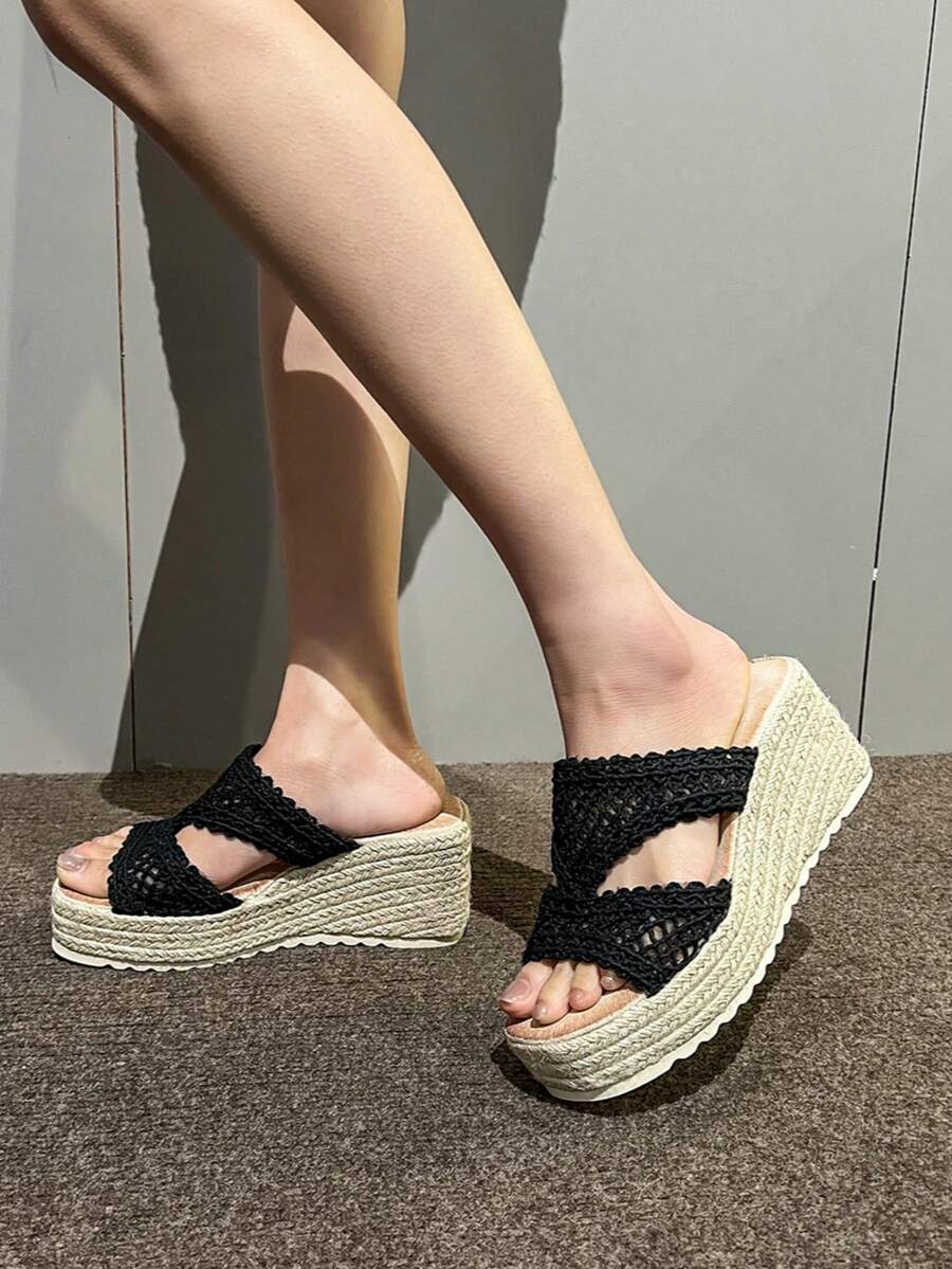 Sandales compensées à plateforme en espadrilles tissées Revreal Bohème Mignon Élégant Station balnéaire Plage Décontracté Loisirs Plein air Été - Noir - Voir 1