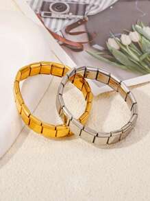 1PC Gold Plated 18k Stainless Steel Elastic Bracelet, Can Be Freely Matched With Patchwork Men's Bracelet. Suitable For Daily Wear