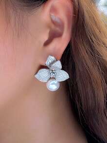1 Pair Vivid Geometric Leaf & Flower Shaped White Cubic Zirconia Thick Dangle Drop Big Wedding Engagement Pearl Earrings For Women, Luxury Pageant Jewelry Accessories - White - View 2