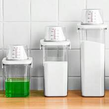 1 pieza Caja transparente para almacenamiento de detergente en polvo, organizador de contenedor para detergente de lavandería y accesorios con taza medidora - Blanco - Ver 3