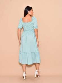Helena Plaid Crepe Midi Dress With Short Sleeves - Baby Blue - View 2