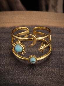 Elegant Adjustable Stainless Steel Ring With Turquoise Inlay - Star, Moon & Sun Design For Women Perfect For Weddings, Parties & Everyday Chic