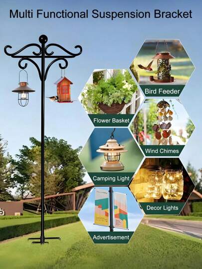 1 pieza Poste de jardín de metal pesado, gancho de doble pastor ajustable insertado en el suelo para exteriores, gancho de jardín, utilizado para colgar comederos de pájaros, cestas de plantas, luces solares, cestas de flores, soportes de ganchos de plantas, ganchos para faroles, decoraciones de boda. Decoración de jardín al aire libre, decoración del hogar