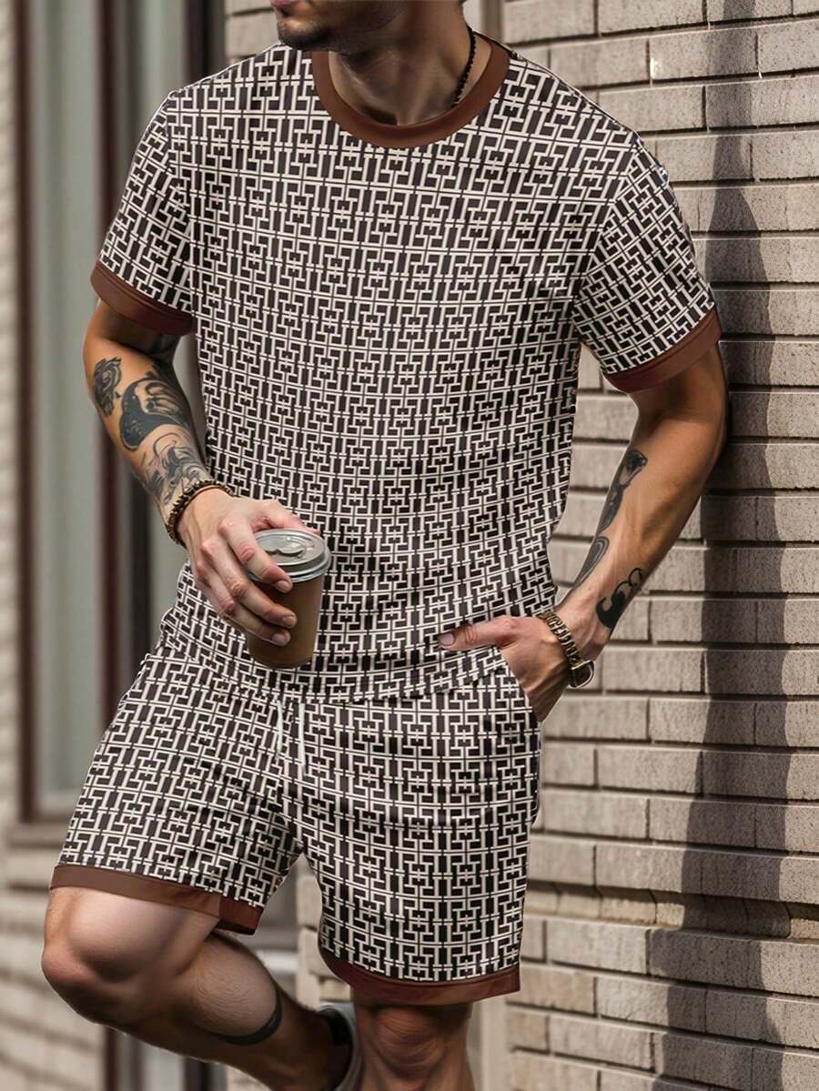 Ensemble t-shirt à manches courtes col rond et shorts imprimé géométrique pour hommes, été - Kaki - Voir 1