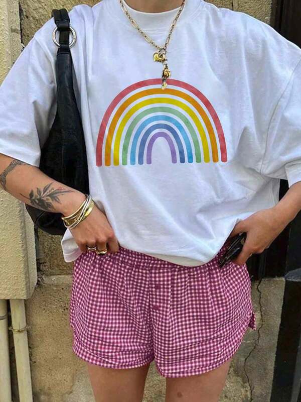 IXOEIS Women's T-Shirt Tops For All Seasons, Cute Graphic Tops, Casual And Comfortable Tops T-Shirts For Women, Pride Month Tops, Graphic Rainbow Heart Tops. Heart Graphic Tops For Casual Holiday Date