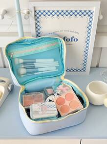Bolsa de maquillaje con cremallera de tela suave, color liso tipo macarrón de verano refrescante, minimalista, bolsa de aseo portátil organizadora de cosméticos para mujeres, para el hogar y viajes