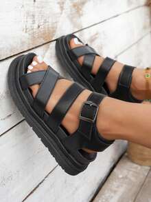 Sandalias de plataforma femeninas con suela gruesa, incremento de altura, puntera redonda, cómoda, ancha, diseño de empeine hueco con múltiples correas, simple, de moda casual, versátil, personalizado, de estilo punk rock, adecuado para uso diario, trabajo, campus, festival de música, fiesta de playa, cita, vacaciones