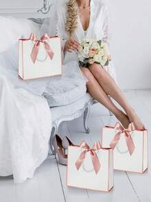 5个/1个横款牛皮纸礼品袋，带提手，饰有蝴蝶结，大容量白色纸袋，适用于万圣节、感恩节、圣诞节、新年、婚礼、生日等场合的礼品包装。 - 白粉紅色 - 查看 3