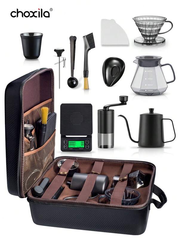choxila 6 pièces/11 pièces Set de café avec valise, coffret cadeau de café portable, théière manuelle en acier inoxydable de 600 ml, tasse-filtre en plastique, pot de partage gris fumé, balance à café, tasse à café en acier inoxydable, ustensiles à café