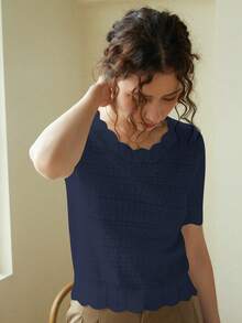 Knit Mix 优雅女士衬衫，独特蕾丝边饰圆领镂空短袖修身T恤，适合娇小身材，纯色，休闲/工作皆宜，春夏上衣，柔和复古奶油色，返校春夏装，也适合圣诞节、感恩节和新年等休闲场合。 - 深藍色 - 查看 5